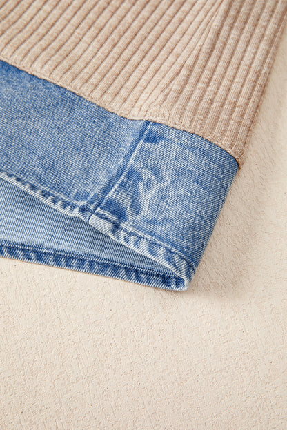 Beige Ribbed Knit Denim Color Block Patchwork Button Detail Collared Blouse