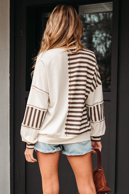Pink Stripe Stitched Detail Color Block Patchwork Oversized Pullover Top