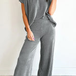 Dark Grey Twisted Ribbed High Neck Loose Tee Elastic High Waist Loose Pant Set
