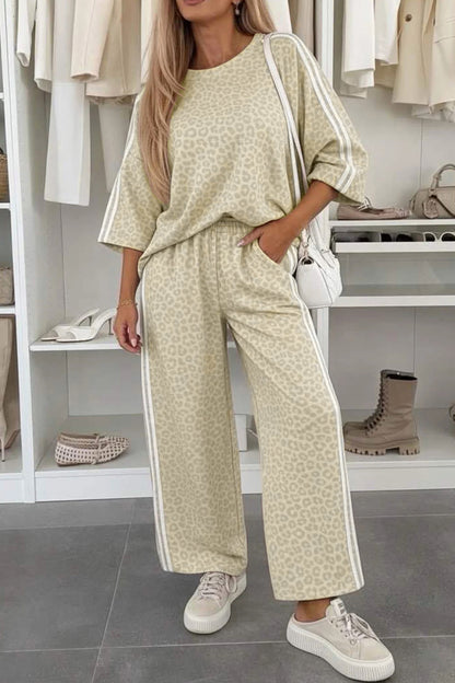 Apricot Leopard Print Varsity Striped Detail 3/4 Sleeve Top Shift Pant Set