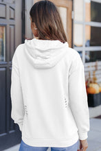 White Solid Ripped Hooded Sweatshirt with Kangaroo Pocket