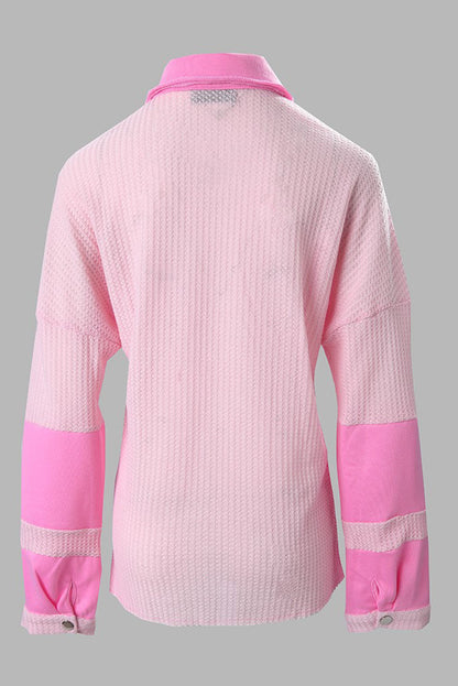 Veste-chemise à poches en patchwork gaufré rose colorblock 