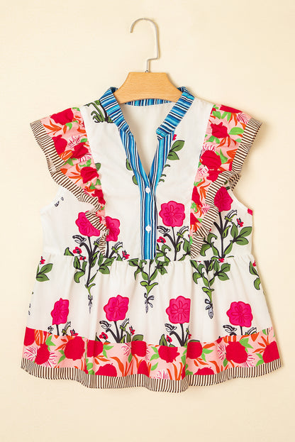 Pink Floral Print Tie Neck Striped Detail Flutter Sleeve Blouse