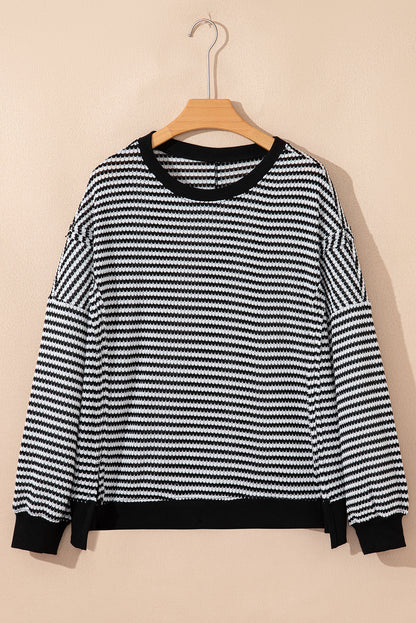 Red Stripe Ribbed Trim Drop Shoulder Long Sleeve Oversize Top