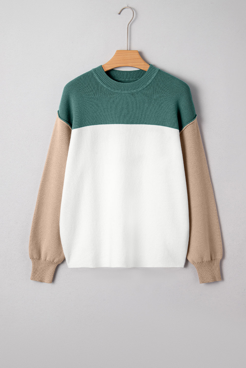 Green Color Block Plain Ribbed Knit Baggy Sweater