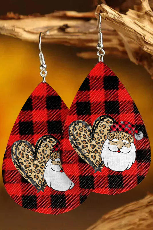 Fiery Red Christmas Leopard Heart Plaid Print Earrings