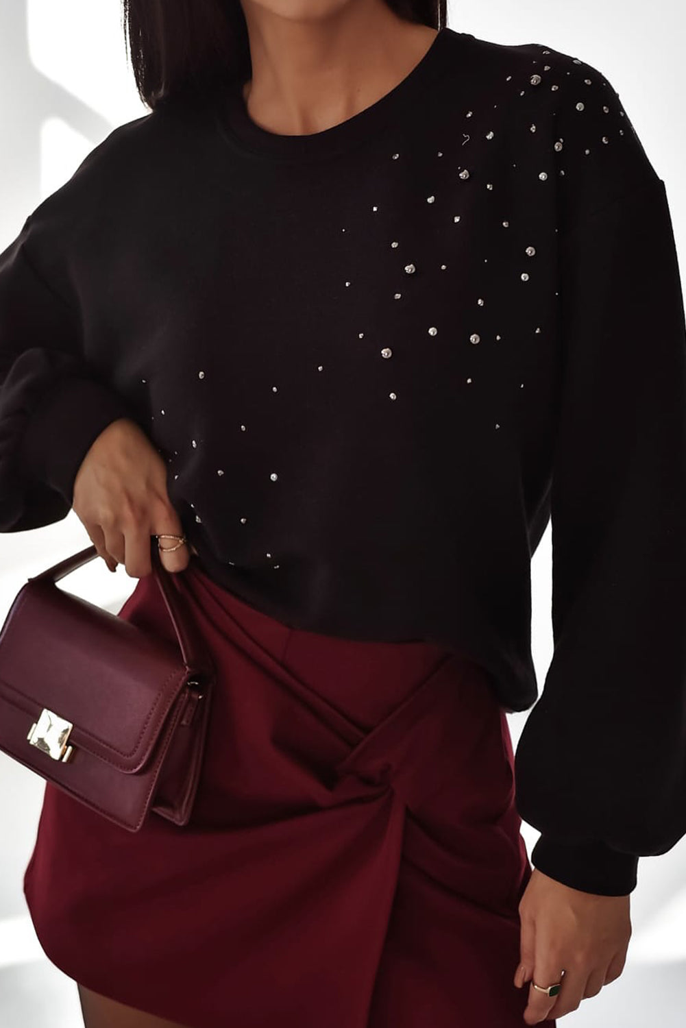 Black Rhinestone Embellished Drop Shoulder Ribbed Cuffs Sweatshirt