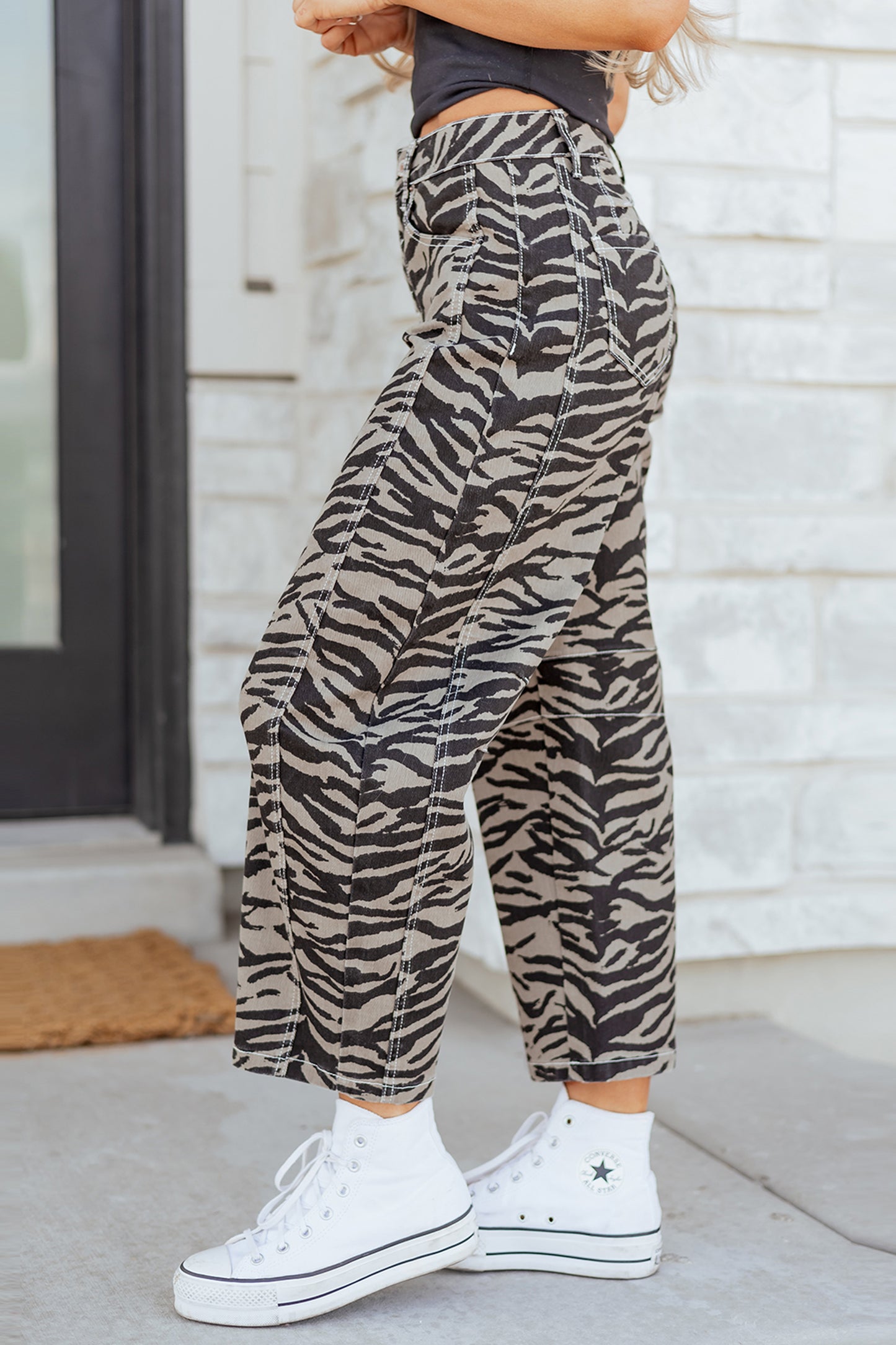 Gray Zebra Stripe Printed Wide Leg Barrel Jeans