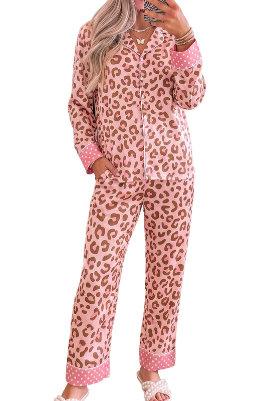 Pink Leopard Print Polka Dot Trim Lapel Shirt and Pants 2pcs Pajama Set