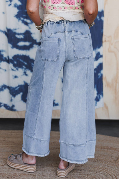 Beau Blue Drawstring Seam Detail Raw Hem Wide Leg Denim Pants