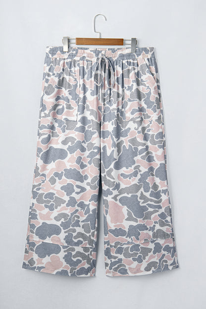 Khaki Camouflage Print Patch Pockets Ankle-Length Plus Size Pants