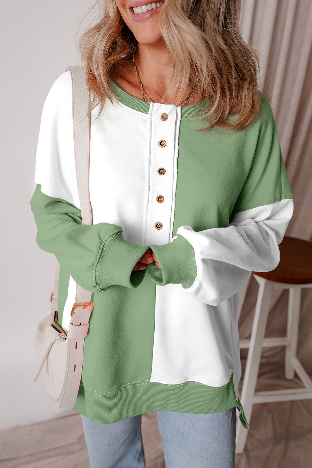 Grass Green Colorblock Henley High Low Oversize Sweatshirt