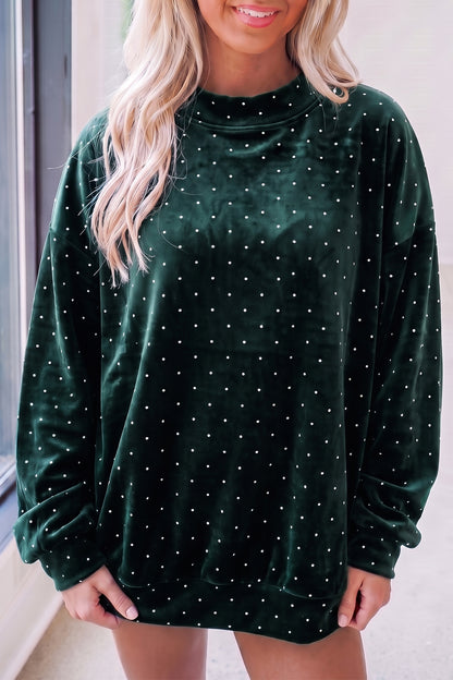 Blackish Green Velvet Polka Dot High Neck Tunic Pullover Sweatshirt