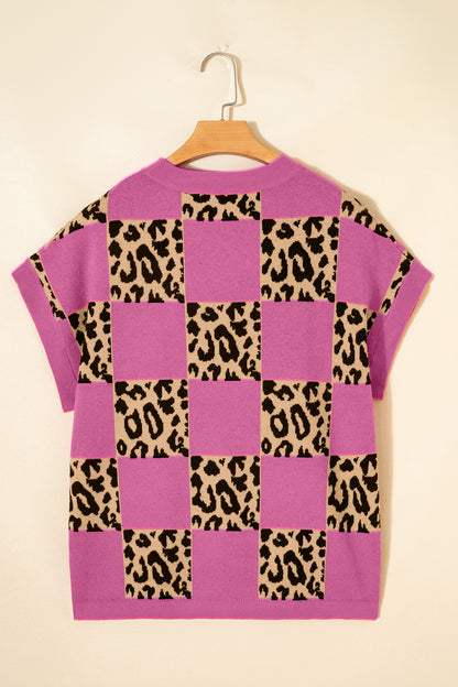 Black Leopard Checkerboard Short Sleeve Knit Sweater