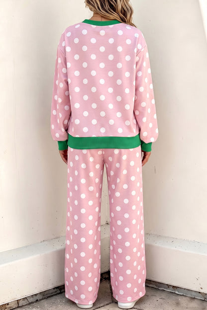 Pink Polka Dot Contrast Trim Long Sleeve Top Drawstring Shift Pants Set