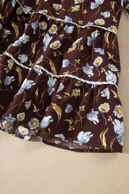 Brown Floral Print Shirred V Neck Shift Dress