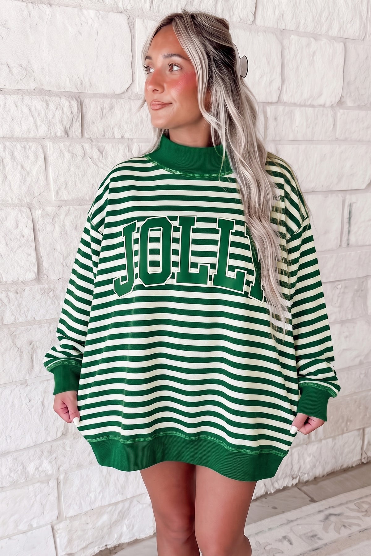 Green Stripe Christmas Slogan Embroidery Patched Mock Neck Oversized Sweatshirt