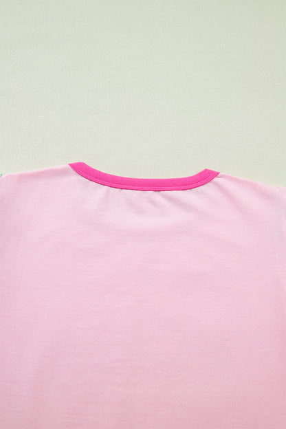 Pink Colorblock Flutter Sleeve Round Neck T Shirt