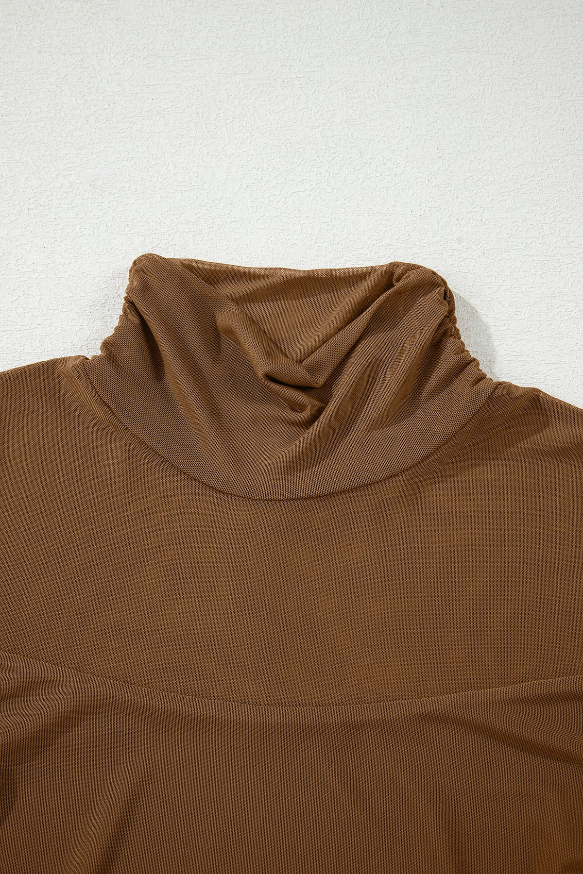 Coffee Sheer Mesh Patchwork High Neck Long Sleeve Top