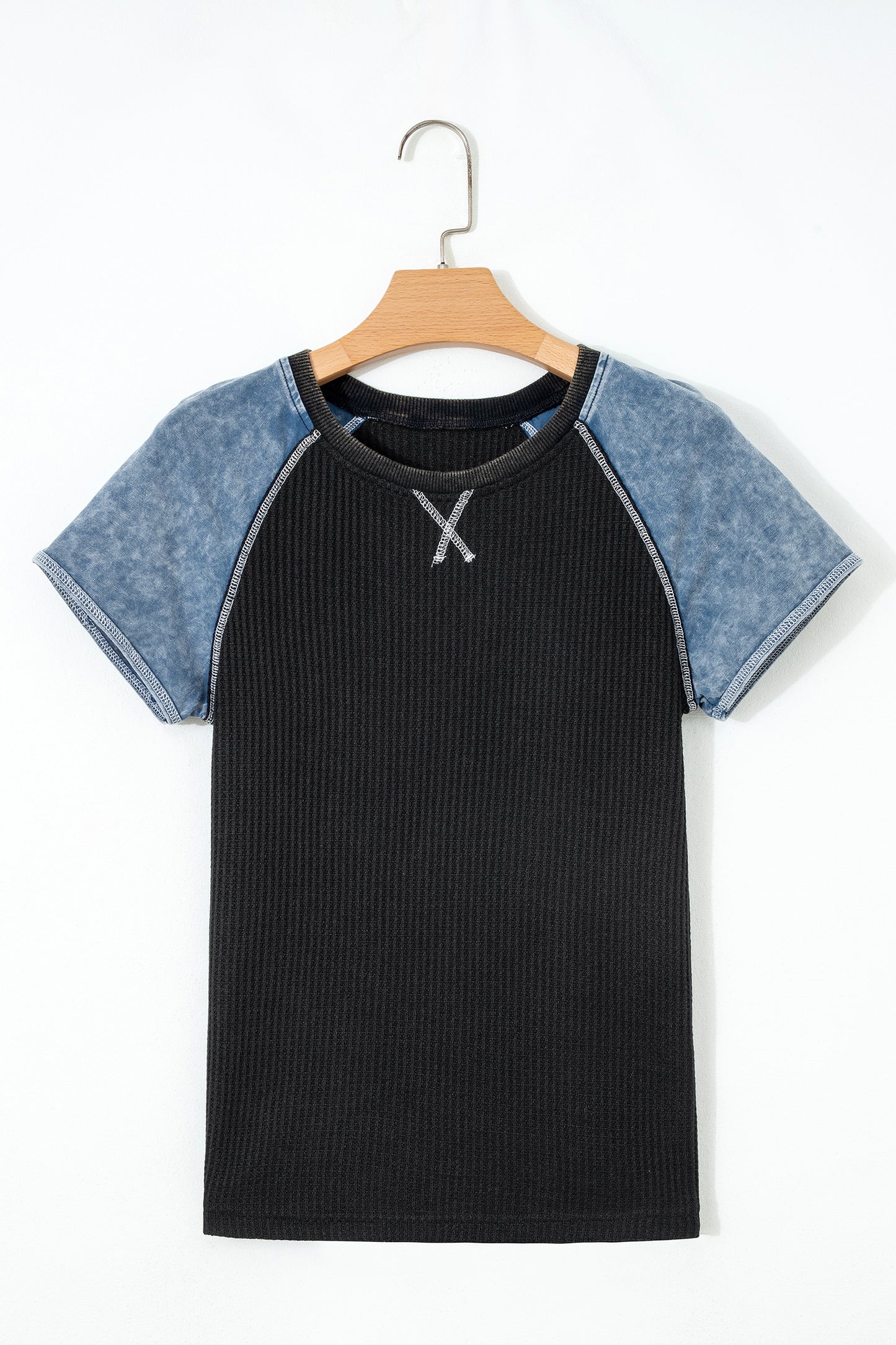 Laurel Green Waffle Knit Seam Detail Color Block Patchwork Short Sleeve Top