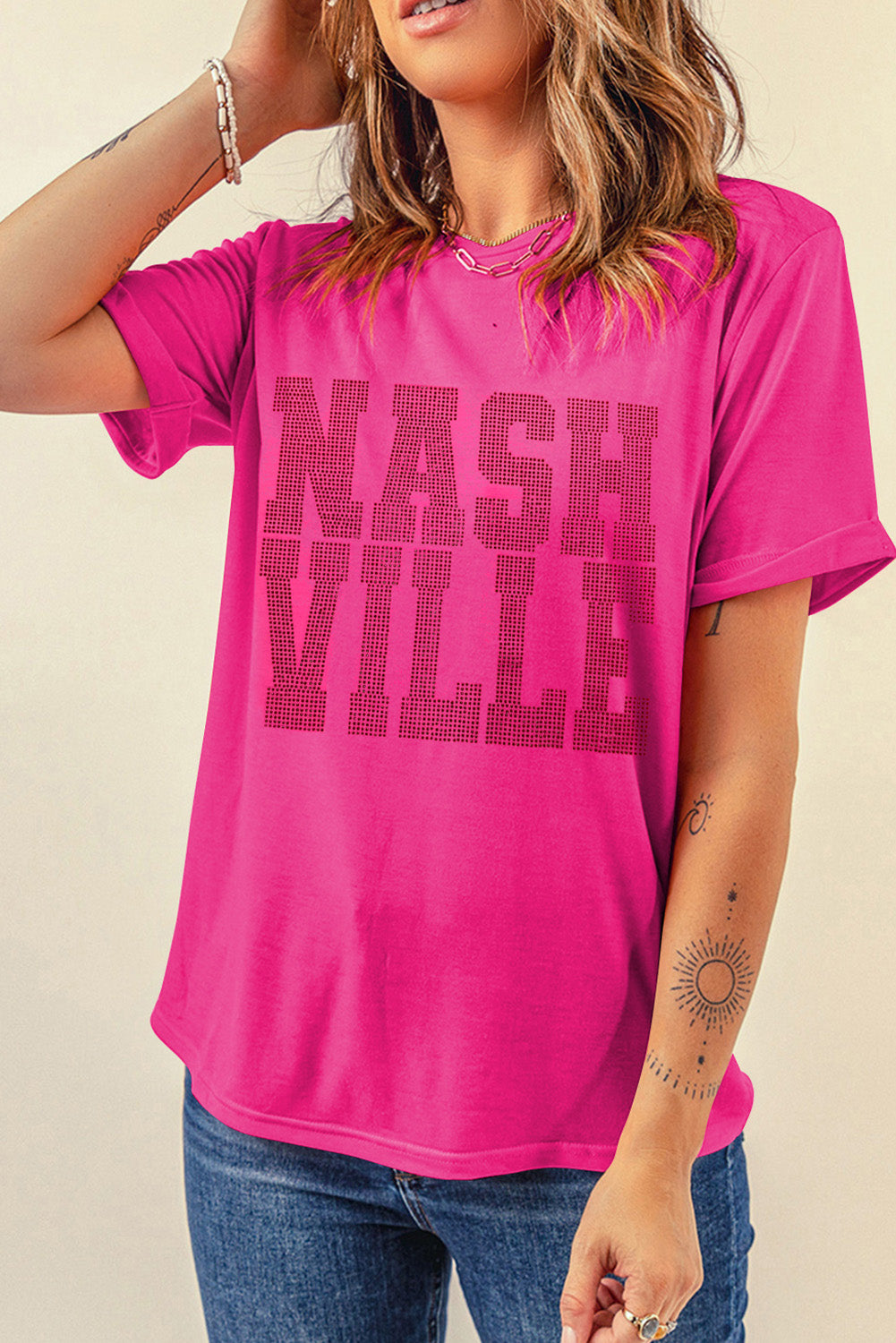 T-shirt ras du cou à strass NASHVILLE, motif graphique, rouge rose