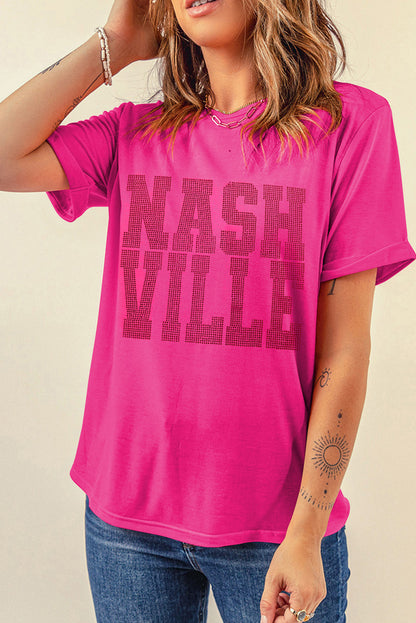T-shirt ras du cou à strass NASHVILLE, motif graphique, rouge rose