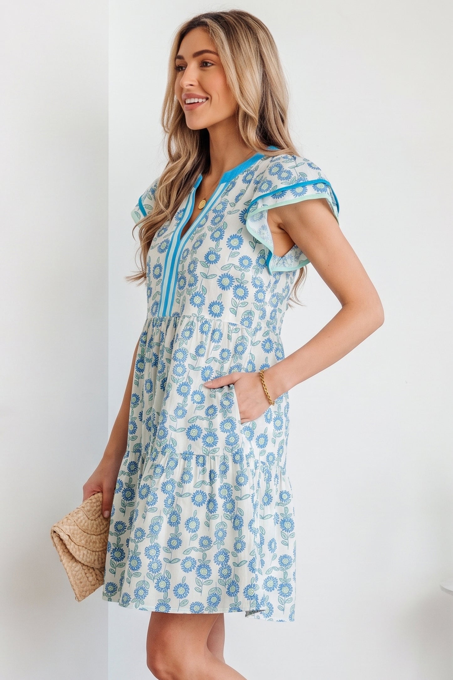 Red Floral Print Contrast Trim Flutter Sleeve Mini Dress