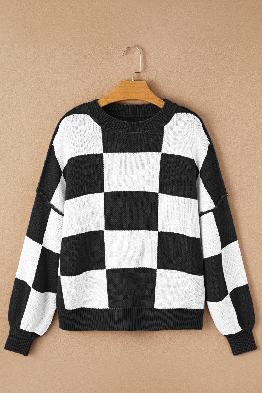 Black Checkered Bishop Sleeve Sweater