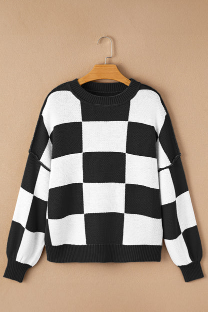 Black Checkered Bishop Sleeve Sweater