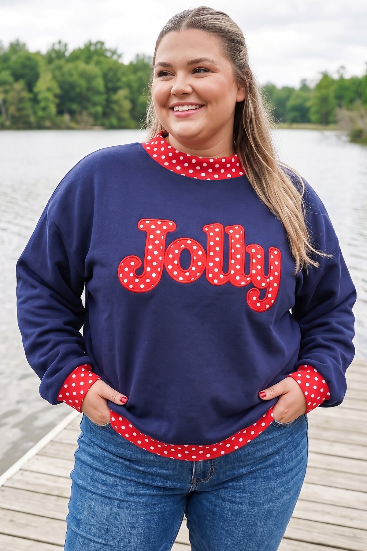Dirty blue Casual Polka Dot Patchwork Letter Graphic Plus Size Sweatshirt