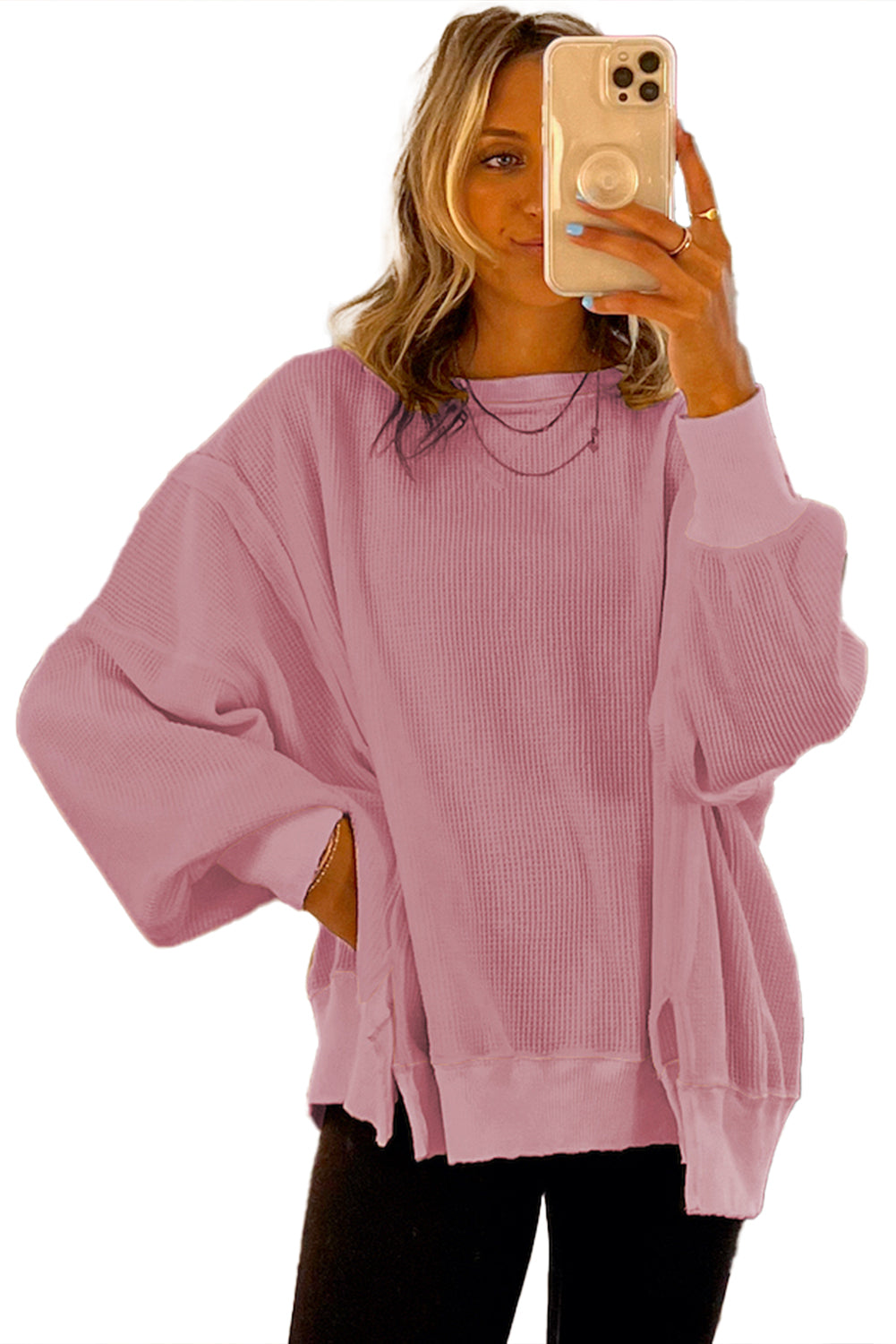 Sweat-shirt surdimensionné fendu à manches évasées en tricot gaufré rose