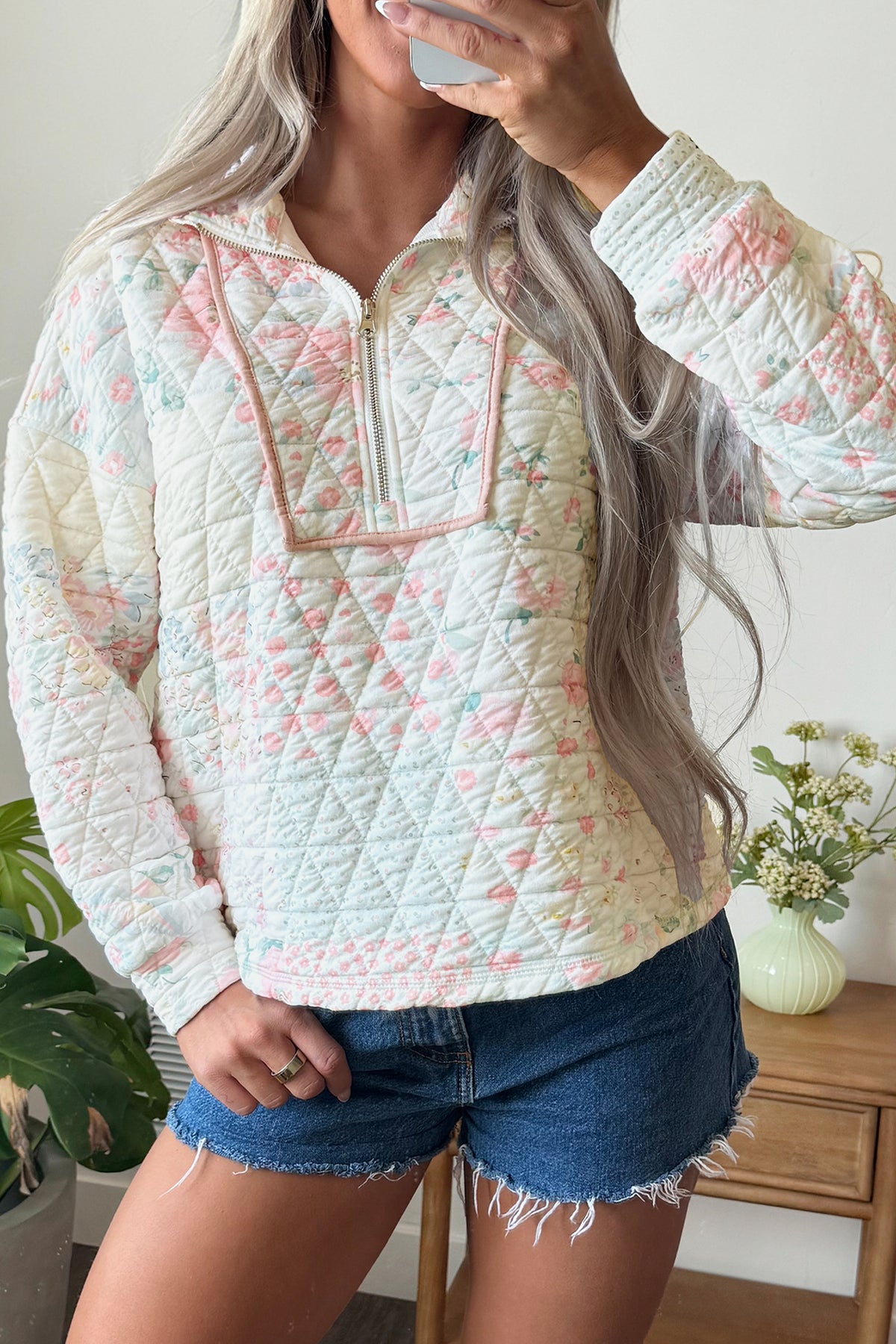 Multicolour Floral Quilted Metal Zipper Collar Long Sleeve Sweatshirt