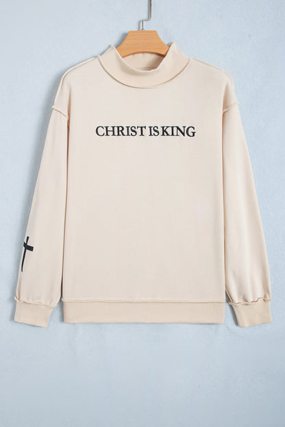 Beige CHRIST IS KING Embroidery High Neck Baggy Sweatshirt