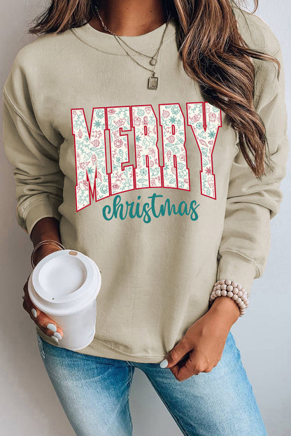 Sweat-shirt graphique imprimé « MERRY Christmas » avec éléments festifs en parchemin