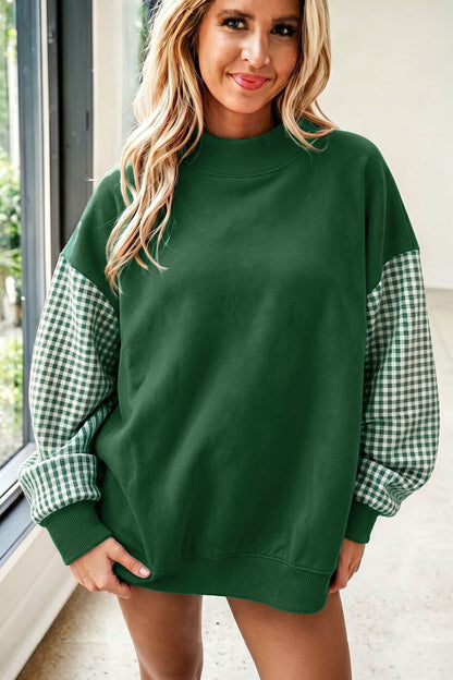 Evergreen Plaid Sleeve Colorblock Loose Tunic Sweatshirt