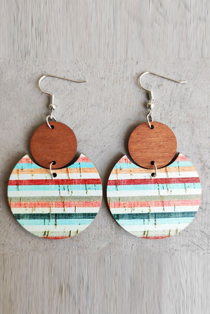 Pendientes colgantes de madera redondos con muesca y patrón de rayas multicolores