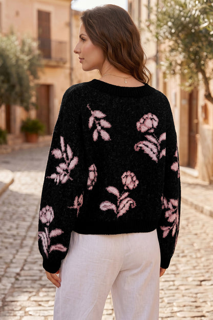 Black Floral Pattern Puff Sleeve Dropped Shoulder Pullover Sweater