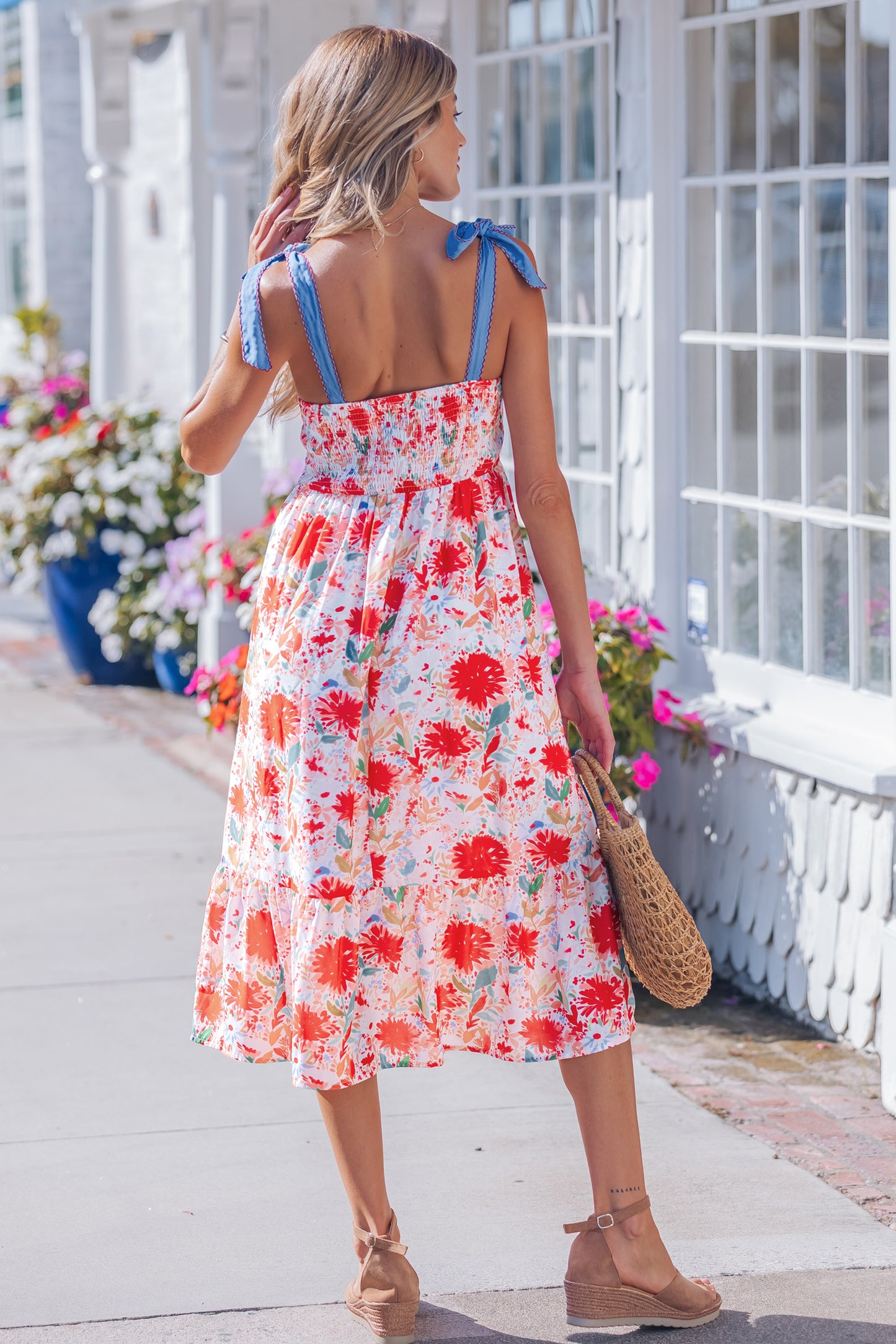 Red Floral Print Contrast Stitched Knot Denim Straps High Waist Dress