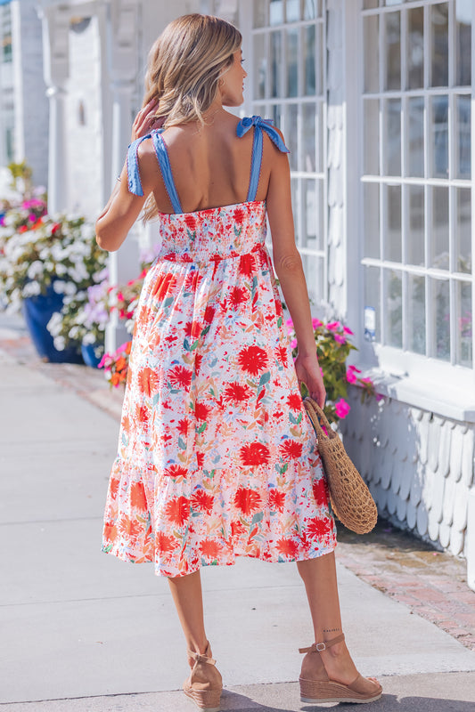 Red Floral Print Contrast Stitched Knot Denim Straps High Waist Dress
