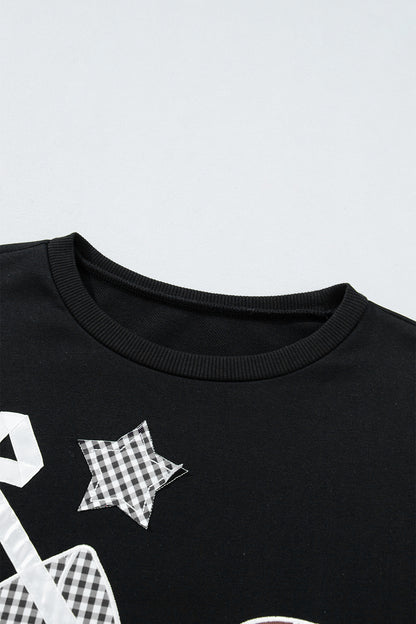 Black Gingham Patch Embroidered Rugby Game Day Stars Sweatshirt