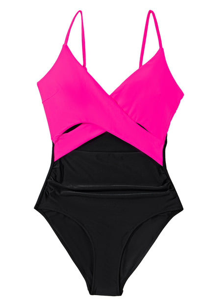 Maillot de bain une pièce à découpes croisées et colorblock rouge rose
