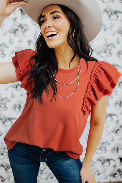 T-shirt orange à col rond et manches volantées