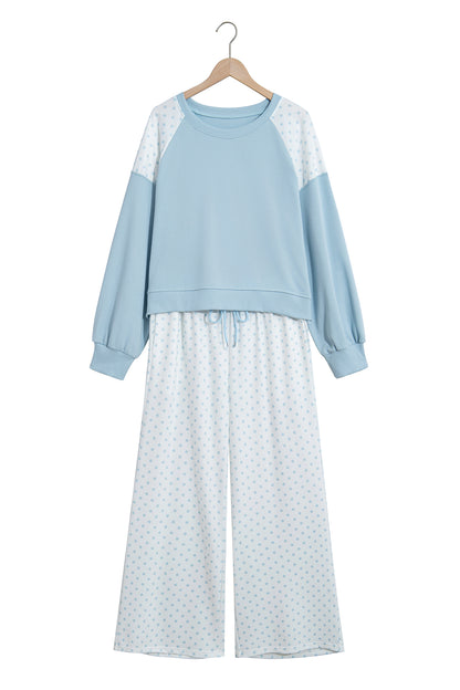 Light Blue Polka Dot Patchwork Colorblock Long Sleeve Casual Two Piece Pants Set