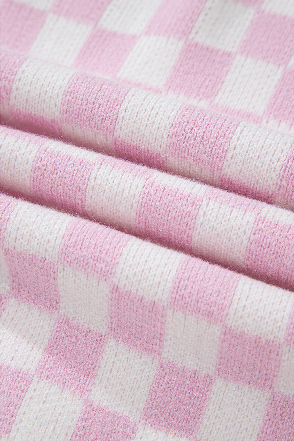 Cardigan rose clair à carreaux, manches 3/4, volants et lacets