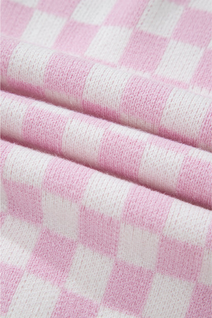 Cardigan rose clair à carreaux, manches 3/4, volants et lacets