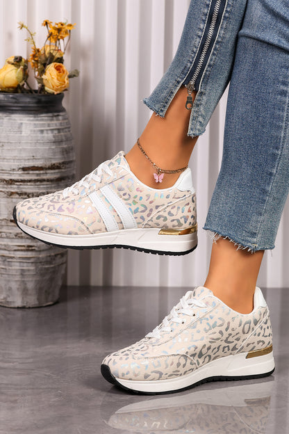 White Leopard Print Lace-Up Low-Top Sneakers with Rubber Sole