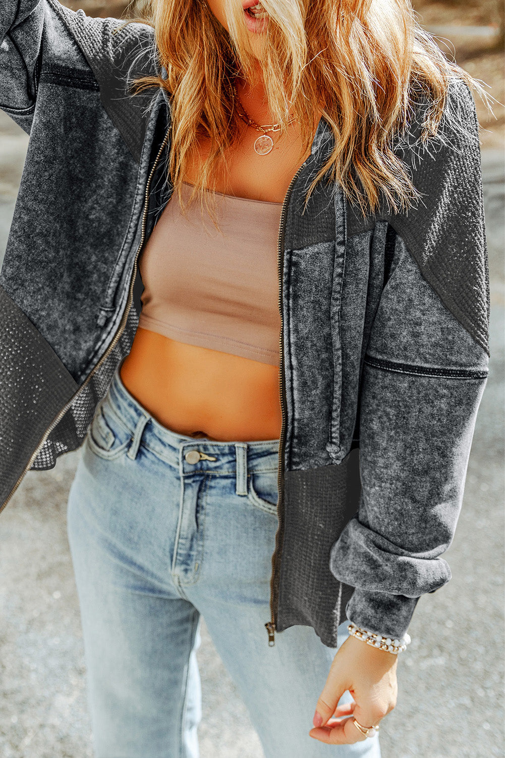 Khaki Waffle Patchwork Vintage Washed Hooded Jacket