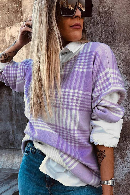 Lilac Plaid Print Ribbed Trim Loose Sweater