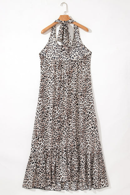 Brown Leopard Printed Halter Neck Backless Ruffled Hem Maxi Dress