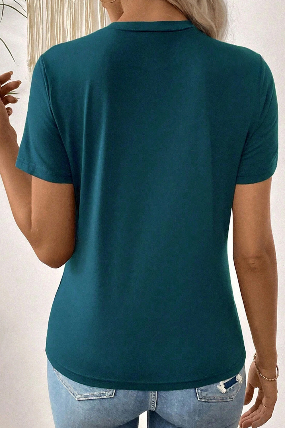 Dirty blue Solid Color Toothpick Stripe Round Neck T Shirt